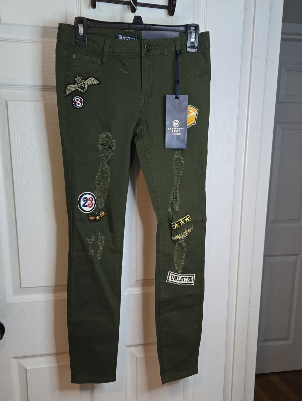 Boom Boom Jeans Olive Green Skinny Jeans with Patch Details
